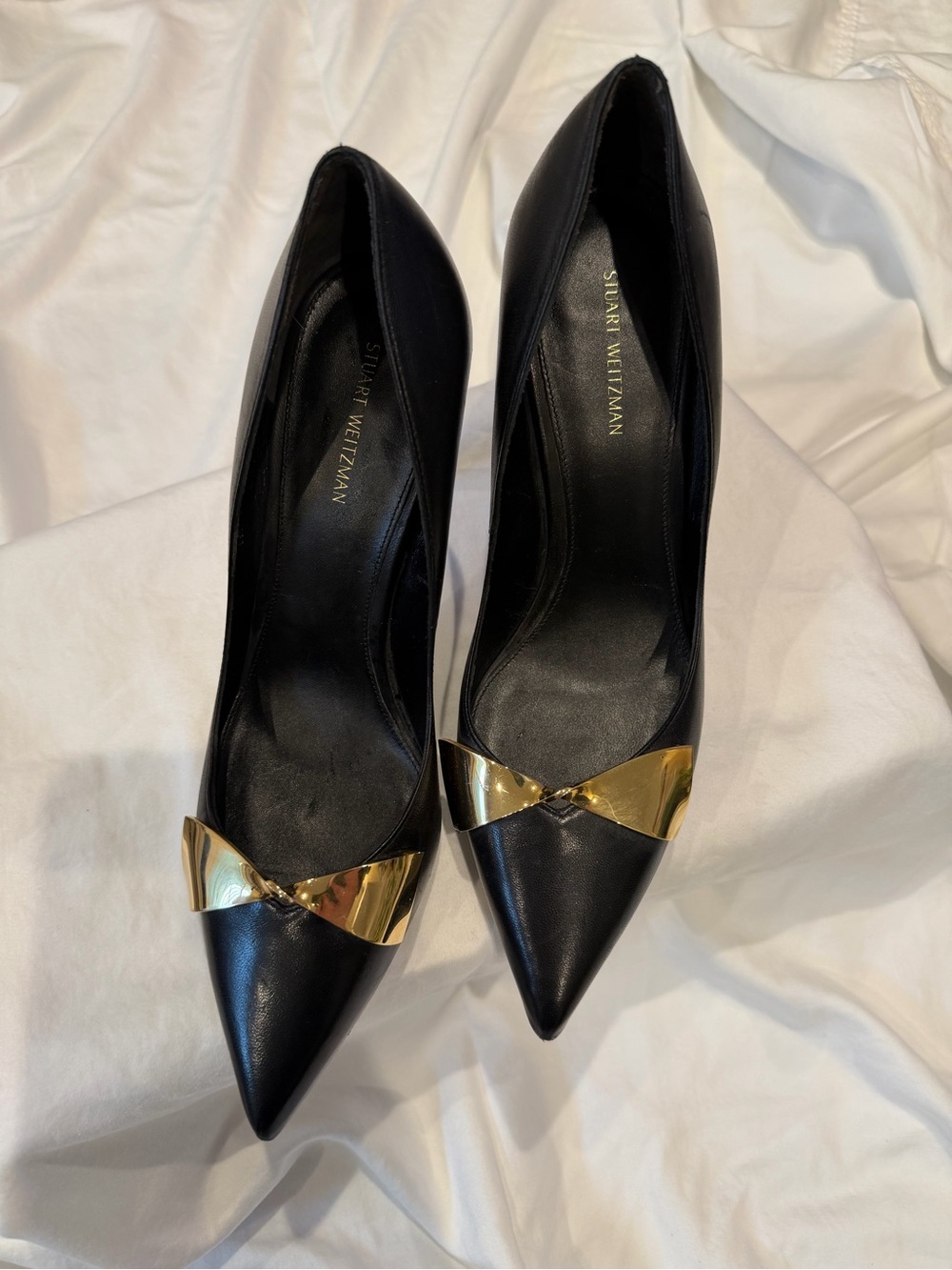 Stuart Weitzman Black Leather Pointed Pumps with Gold Bow